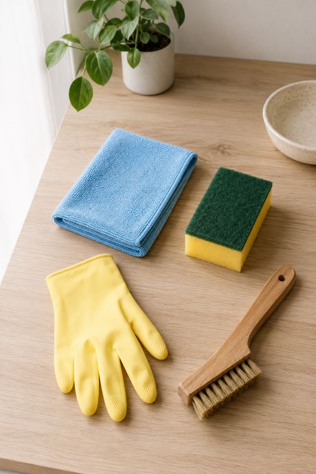 Matériel d'entretien : brosses, lavettes, gants et accessoires pour nettoyer la maison